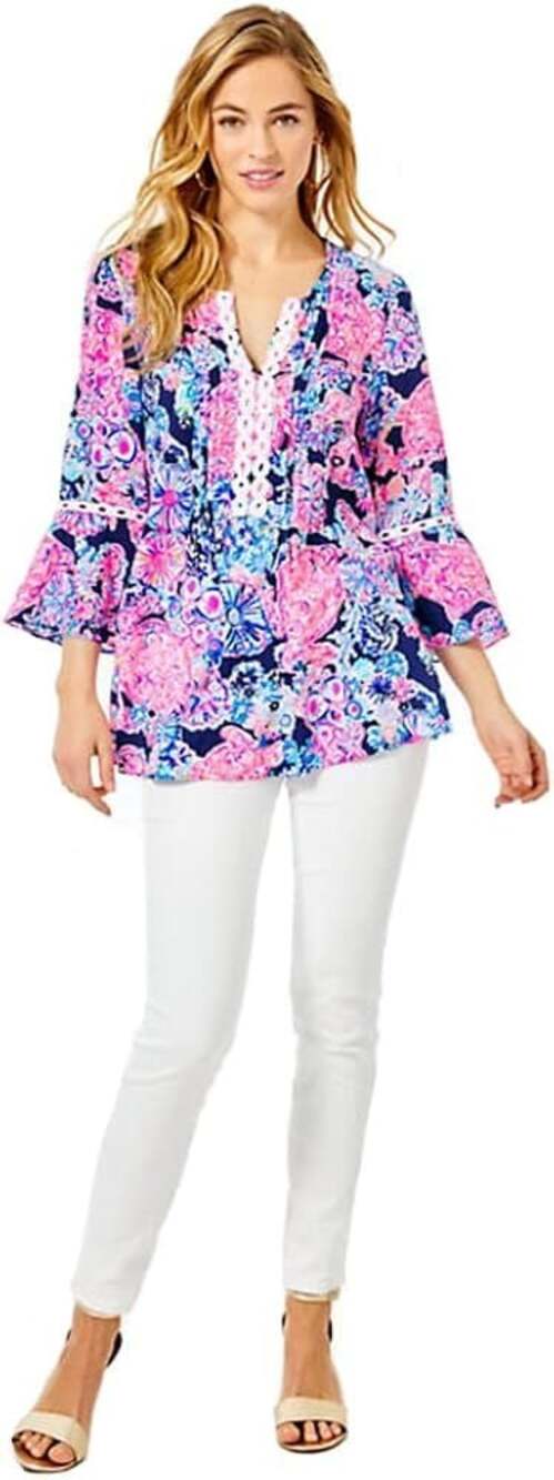Lilly Pulitzer Hollie Tunic Blouse Pink Blue Floral Print Size S